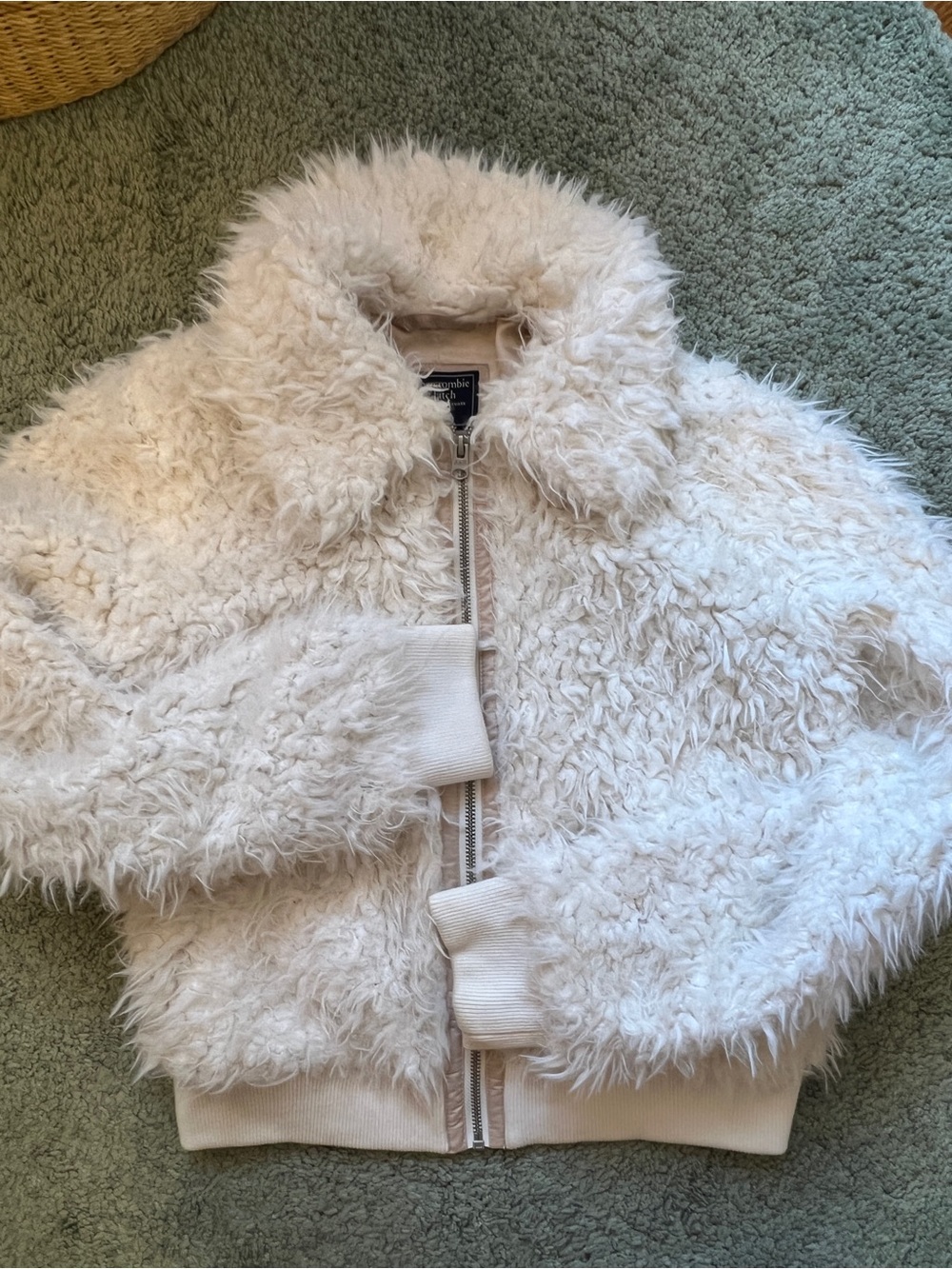 ABERCROMBIE & FITCH Plush Fur Bomber Jacket in Cream